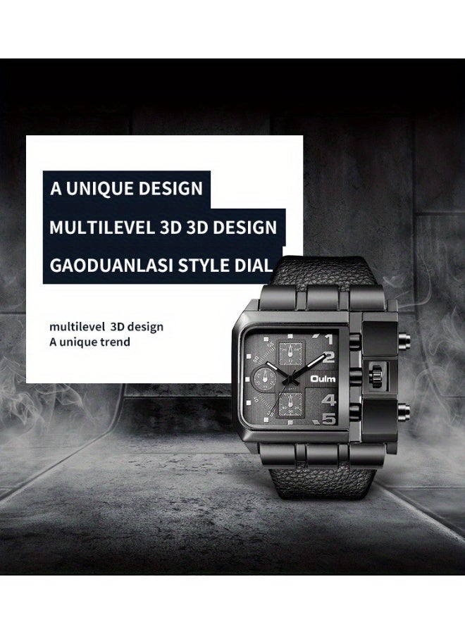 Oulm My souq store:Oulm Men's Large Square Quartz Wrist Watch - Matte Black Case with Premium Leather Strap. - Image 5